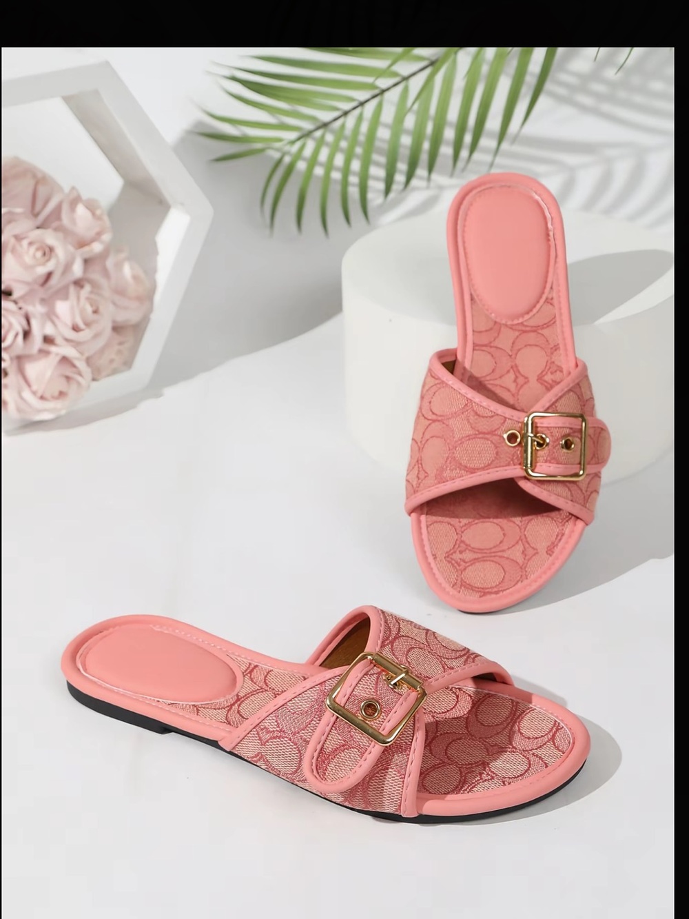 Women's Pink Slide Sandals with Gold Buckle